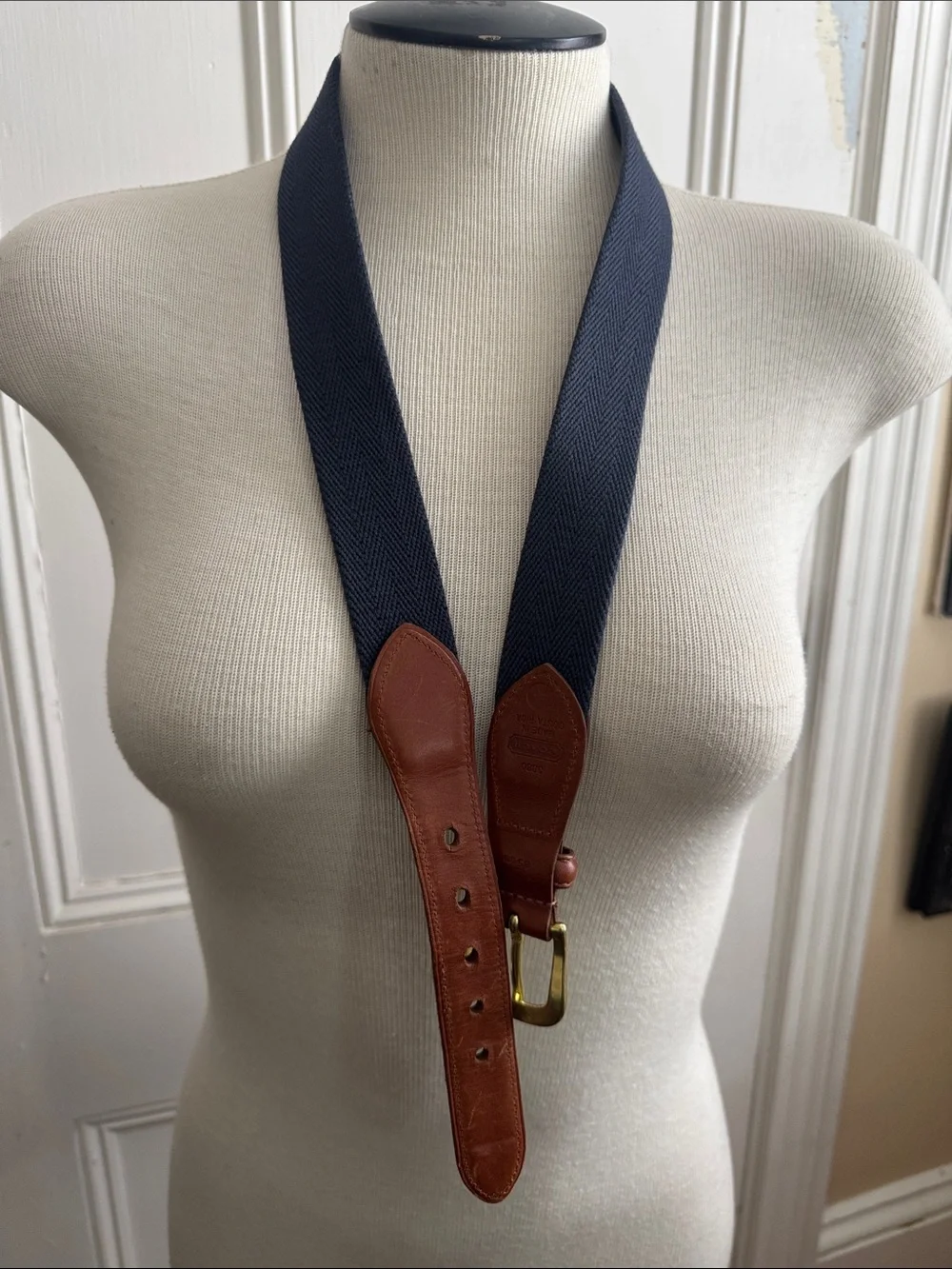 Coach Brown Leather Trim Navy and Cream Striped Belt